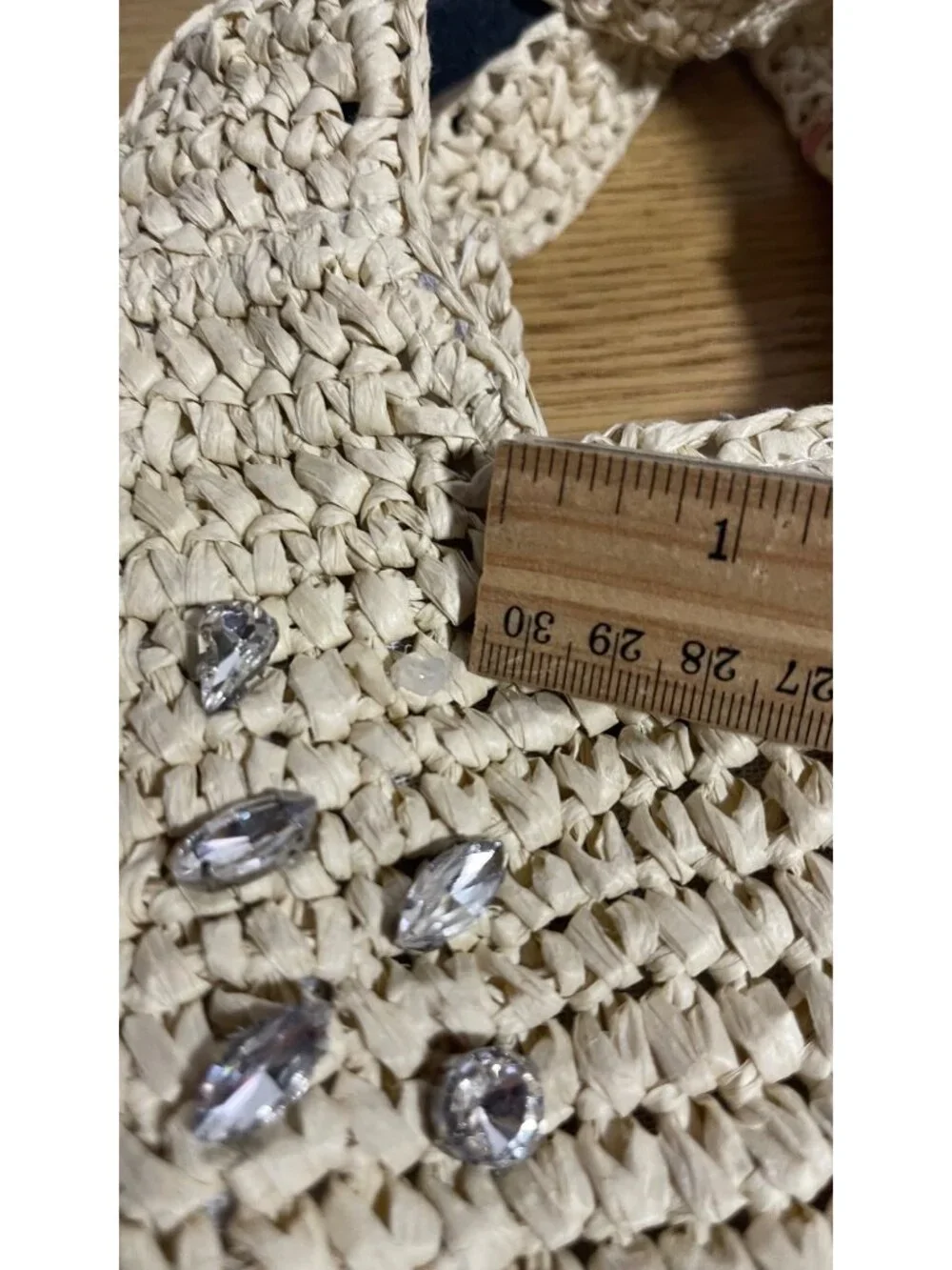Beige Woven Straw Bag With Rhinestone Accents & Adjustable Strap Minimalist